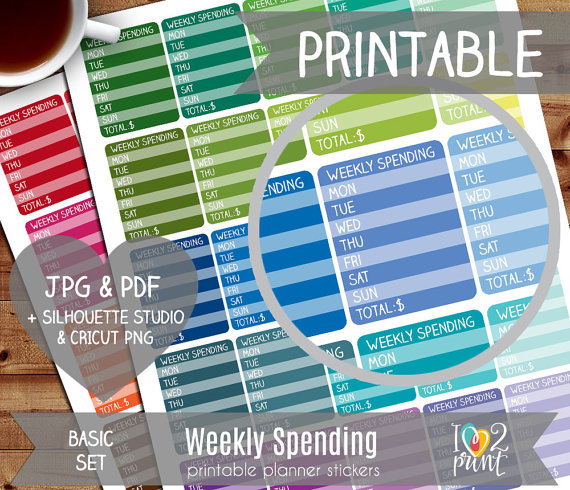 bright colour weekly spend planner printable stickers