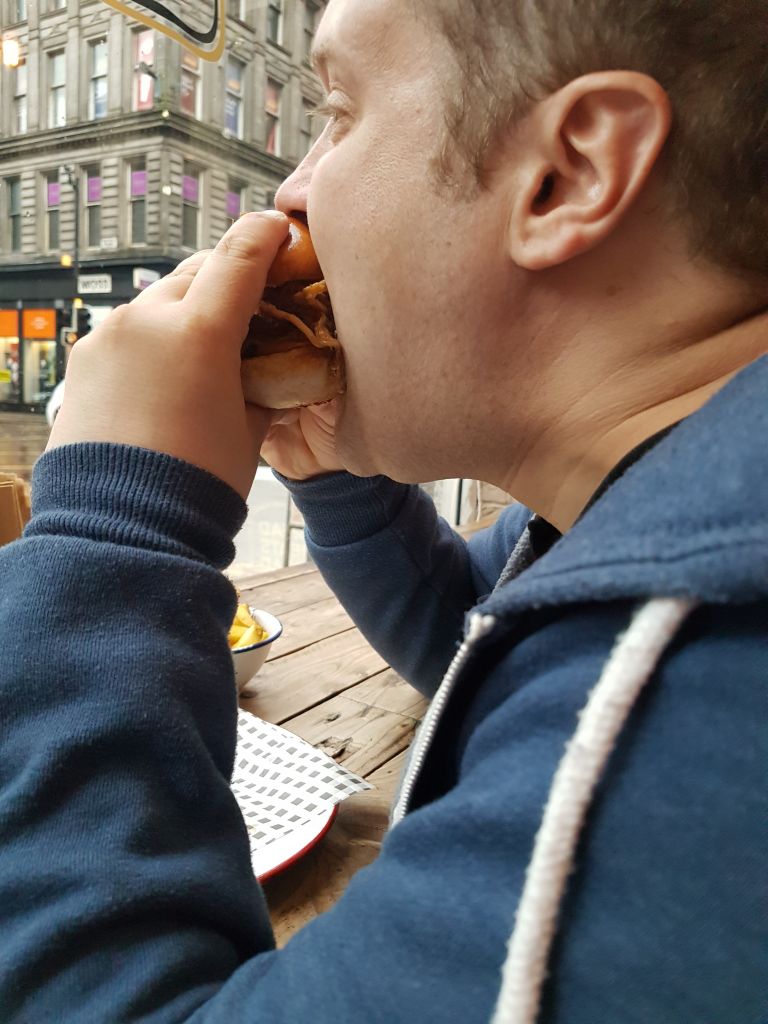 non vegan husband enjoys burger
